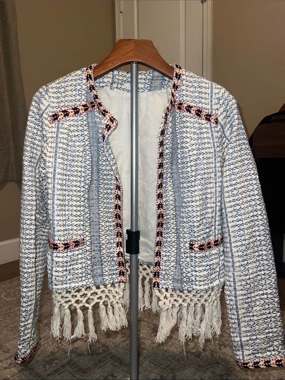 Tularosa Ivory & Blue Fringe-Trim Tweed Jacket